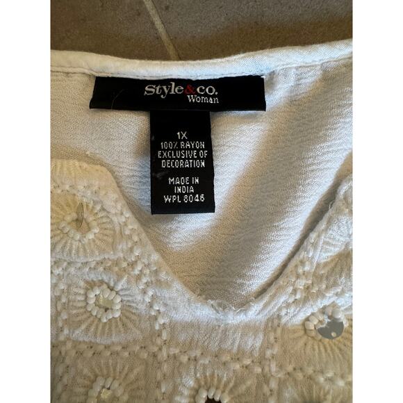 Style & Co White Gauze Peasant Top 1X Boho Beaded Long Sleeve Blouse - Picture 3 of 3